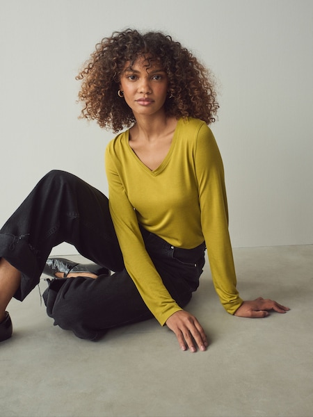 Celery Green Print Slouch V-Neck Long Sleeve T-Shirt (E03095) | €10