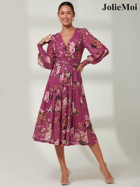 Jolie Moi Purple Long sleeve Floral Print Dress (E03821) | €41