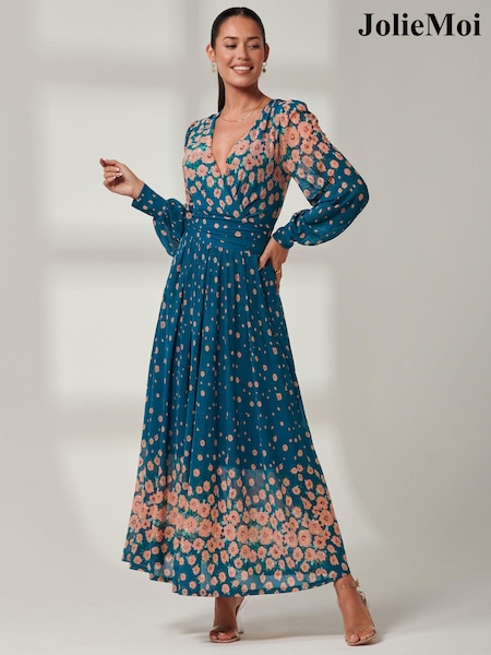 Jolie Moi Blue Blossom Long Sleeve Mesh Maxi Dress (E03827) | AED247