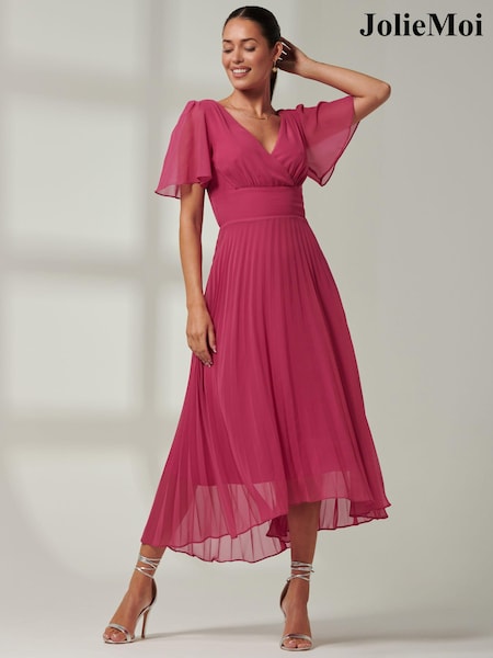 Розовый - Jolie Moi Elene Pleated High Low Chiffon Maxi Dress (E03830) | €99