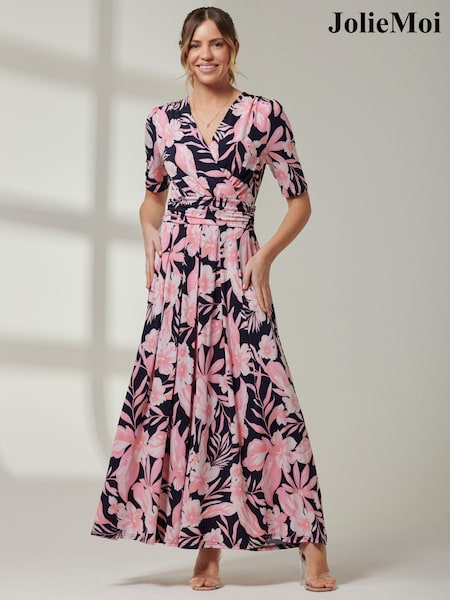 Jolie Moi Pink/Black Floral Print Jersey Maxi Dress (E03831) | €38