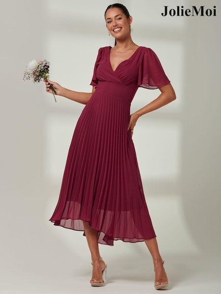 Jolie Moi Red Elene Pleated High Low Chiffon Maxi Dress (E03837) | 371 QAR
