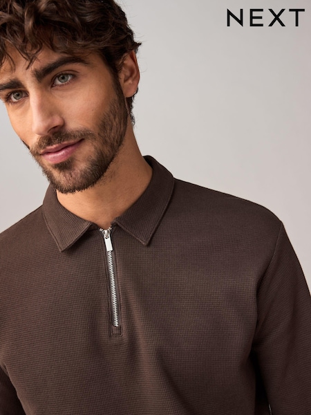 Chocolate Brown Long Sleeve Waffle Textured 100% Cotton Polo Shirt (E04071) | €19