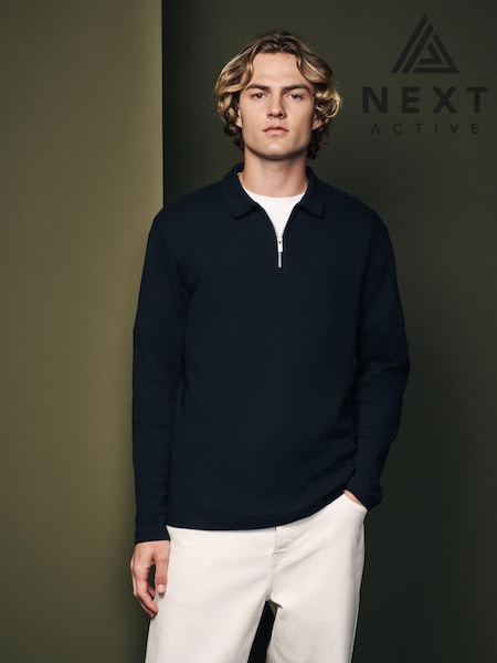 Black Long Sleeve Waffle Textured 100% Cotton Polo Shirt (E04073) | €19