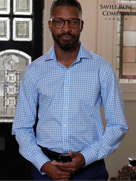 Savile Row Company Slim Fit Blue Single Cuff Check 100% Cotton Shirt (E04179) | €80