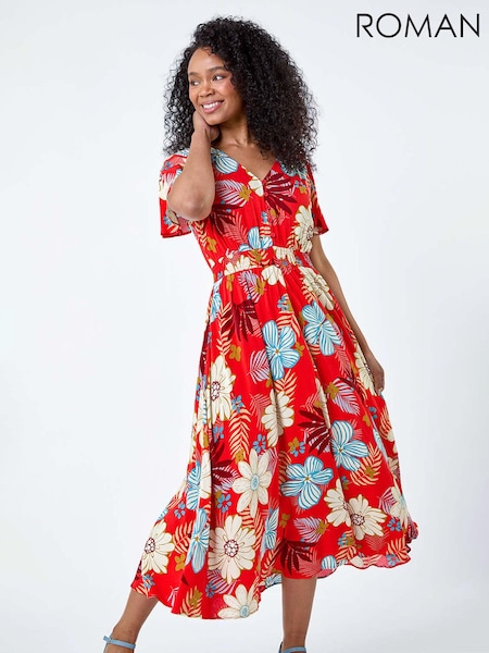 Roman Floral Print Shirred Midi Dress (E04195) | R$ 545