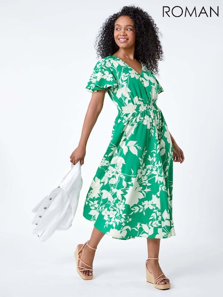Roman Green Leaf Print Shirred Midi Dress (E04199) | €58