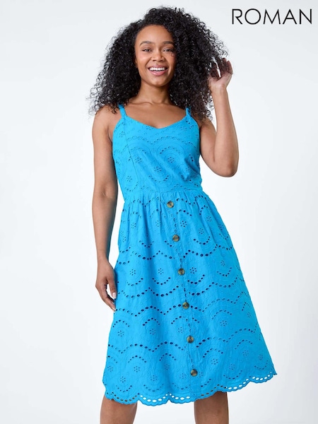 Roman Blue 100% Cotton Broderie Button Design Dress (E04209) | AED174