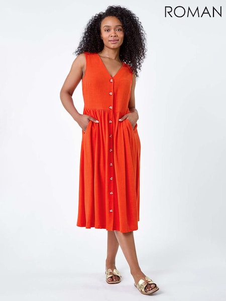Roman Orange Linen Blend Pocket Button Midi Dress (E04220) | €49