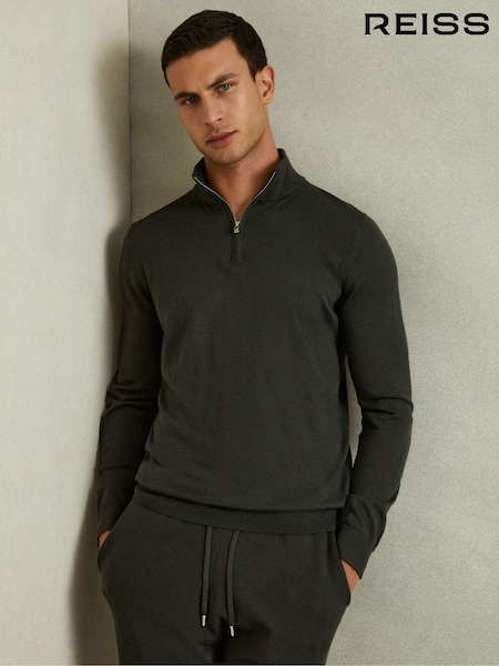 Reiss Dark Military Green Blackhall Merino Wool Half-Zip Funnel Neck Jumper (E04239) | €142