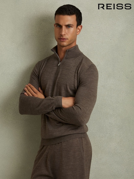 Reiss Dark Brown Melange Maxwell Merino Wool Half-Zip Polo Shirt (E04241) | €84