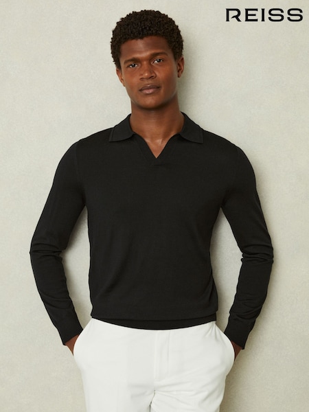 Reiss Black Maxwell Merino Wool Half-Zip Polo Shirt (E04254) | 720 QAR