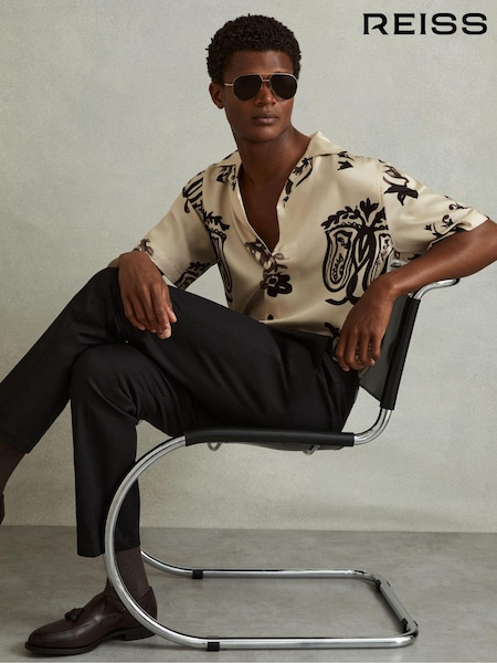 Reiss Off White/Black Babylon Relaxed Floral Print Cuban Collar Shirt (E04268) | 720 QAR