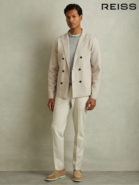 Reiss Oatmeal Melange Foulard Knitted Double Breasted Blazer (E04272) | AED1,354