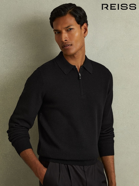 Reiss Black Regis Wool Half-Zip Polo Shirt (E04276) | $240