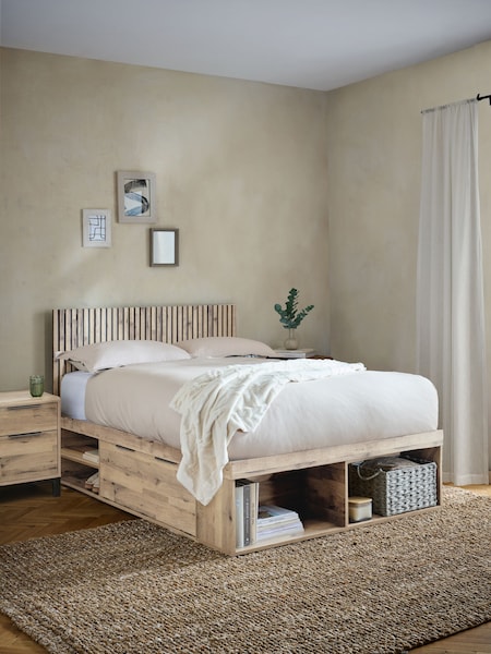 Light Oak Effect Slatted Headboard Bronx Platform Bed Frame with Storage (E04302) | €975 - €1,100