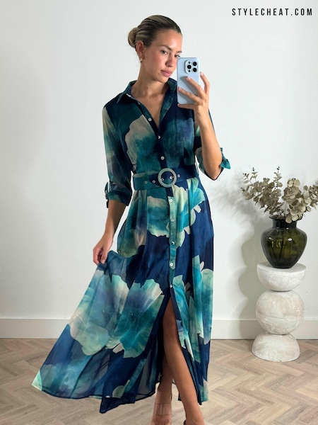 Style Cheat Blue Daphne Belted Shirt Dress (E04384) | €53