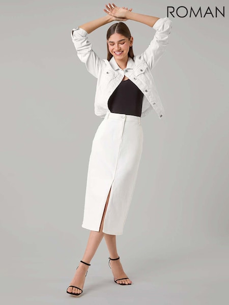 Roman White Cotton Blend Denim Stretch Midi Skirt (E04405) | AED127