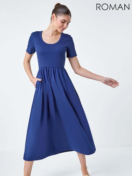 Roman Blue Cotton Stretch Jersey Mix Midi Dress (E04419) | €34
