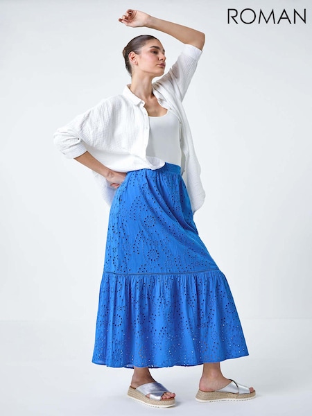 Roman Blue 100% Cotton Broderie Pocket Midi Skirt (E04421) | AED138