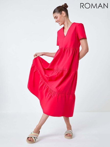 Roman Pink Plain 100% Cotton Tiered Maxi Dress (E04423) | €34