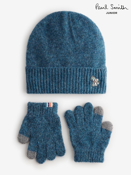 Paul Smith Junior Boys Blue Zebra Logo Beanie And Gloves Set (E04486) | €37