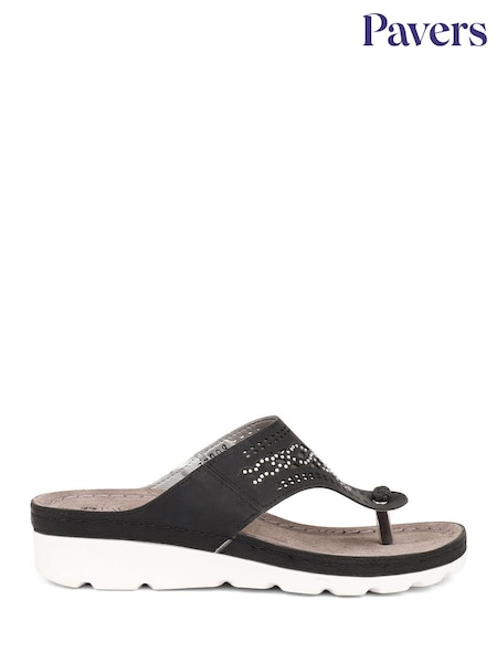 Pavers Black Pavers Embellished Toe Post Black Sandals (E04504) | €43
