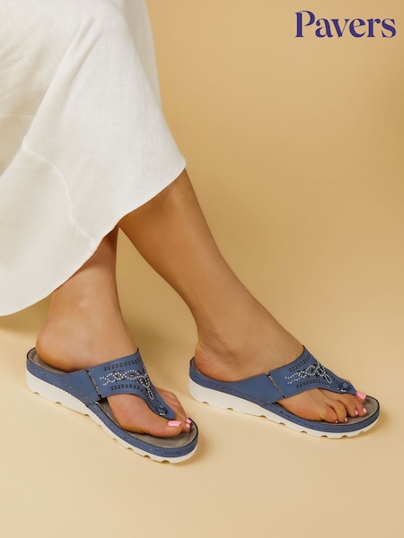 Pavers Blue Pavers Embellished Toe Post Black Sandals (E04508) | €43