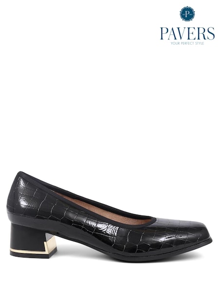 Pavers Croc Effect Patterned Court Black Shoes (E04536) | $61