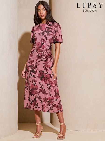 Roz - Rochie midaxi cu imprimeu și mânecă bufantă și încrețituri Lipsy (E04775) | 220 LEI