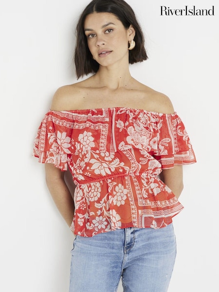 Roșu - River Island Volănașe Frill Bardot Top (E05016) | 129 LEI