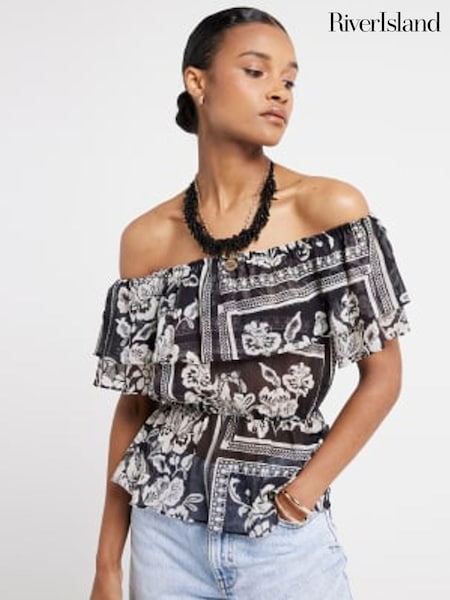 Negru - River Island Volănașe Frill Bardot Top (E05019) | 129 LEI