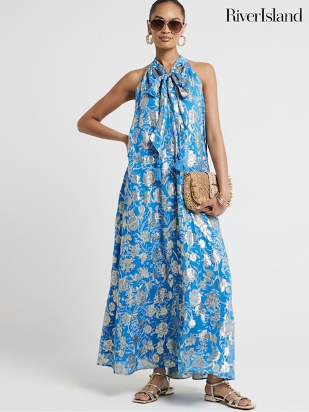 River Island Blue Halter Metallic Trapeze Dress (E05020) | €44.50