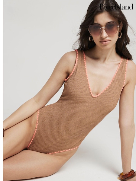 River Island Brown Textured Whipstitch Swimsuit (E05029) | €21
