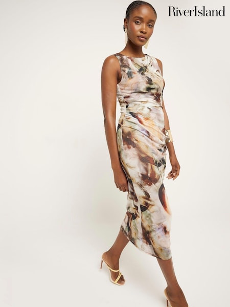 River Island Brown Printed Drape Column Dress (E05033) | €25