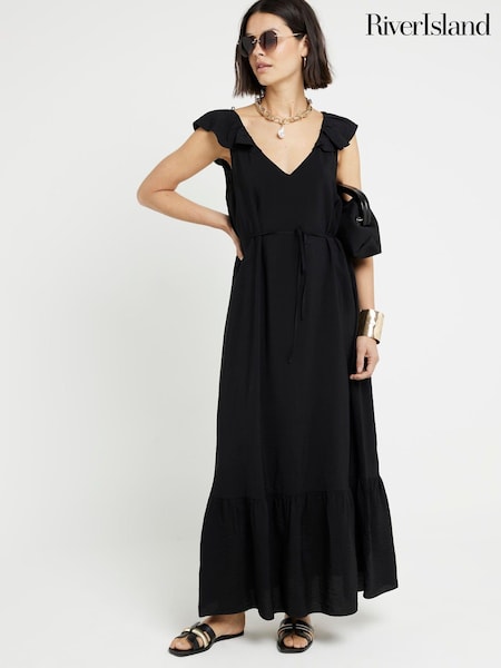 River Island Black Floral Frill Sleeve Maxi Dress (E05036) | €30