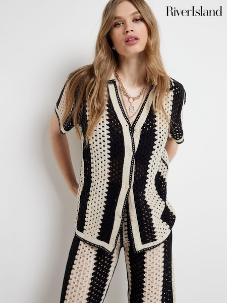 River Island Black Striped Crochet Polo Shirt (E05043) | €25