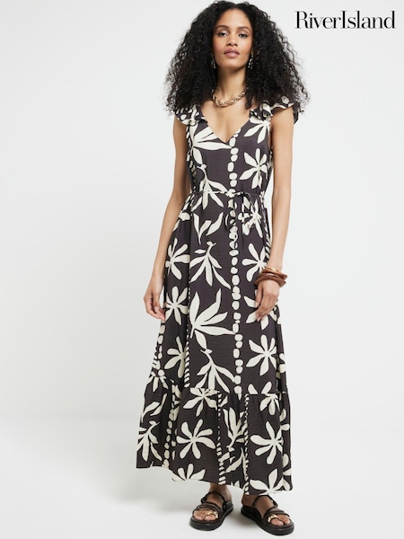 River Island Brown Floral Frill Sleeve Maxi Dress (E05046) | €30