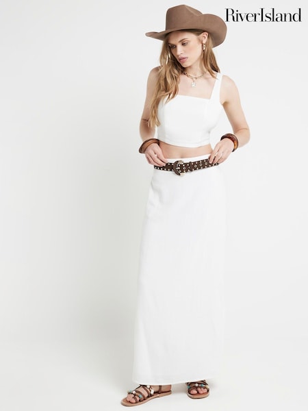 Alb - River Island Split Waistband 100% Bumbac Midaxi Fuste (E05051) | 125 LEI