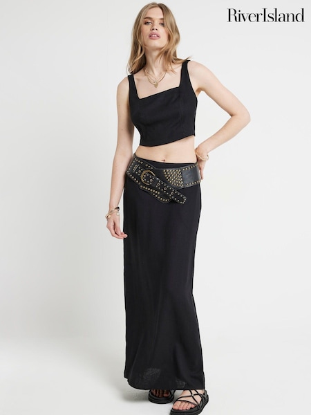 Negru - River Island Split Waistband 100% Bumbac Midaxi Fuste (E05058) | 125 LEI