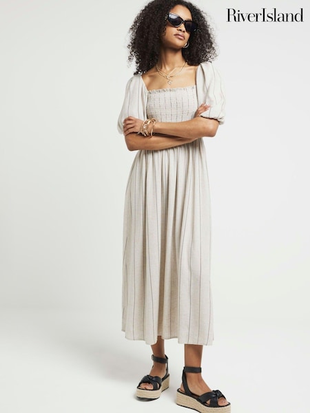 River Island Natural Square Neck Shirred Midi Dress (E05072) | €26