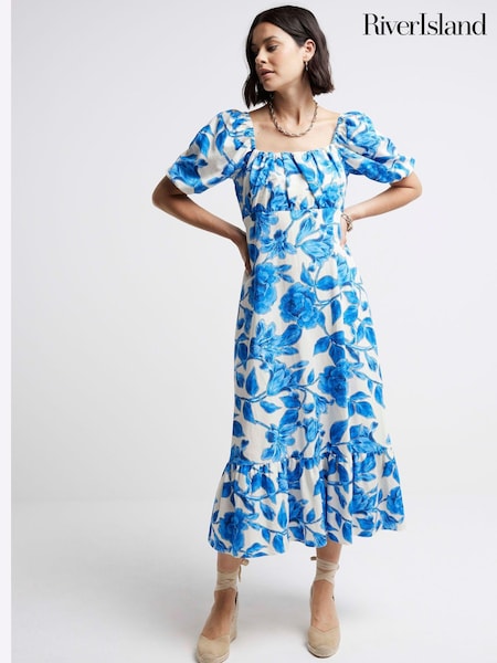River Island Blue Floral Swing Midi Dress With Linen (E05073) | €28