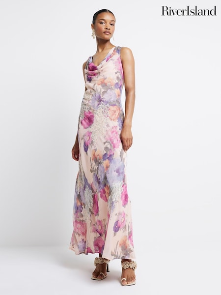 River Island Purple 100% Cotton Cowl Neck Maxi Dress (E05075) | €50