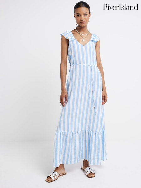 River Island Blue Floral Frill Sleeve Maxi Dress (E05089) | €30