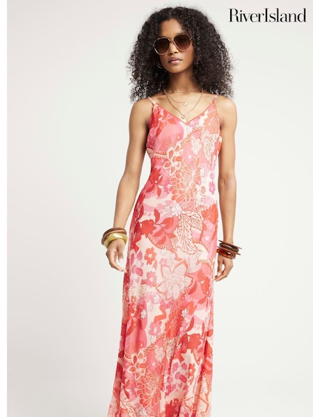 River Island Pink Floral 100% Cotton Slip Maxi Dress (E05091) | €41.50