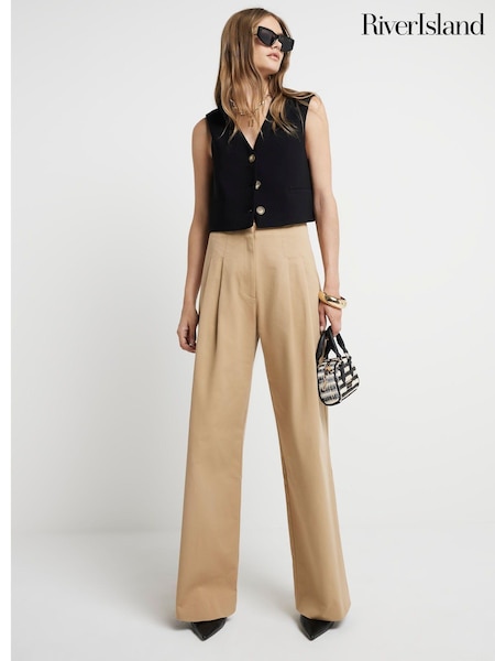 Ruskea - River Island Wide Leg Pleated Linen Trousers (E05098) | €63