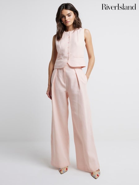 River Island Pink Wide Leg Pleated Linen Trousers (E05113) | €25