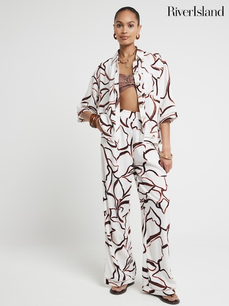 River Island Brown Abstract Boxy 100% Cotton Shirt (E05119) | €21.50