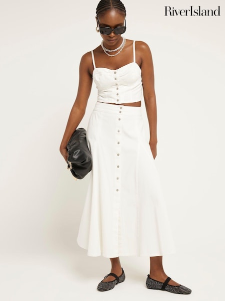 River Island White Godet Denim Midi Skirt (E05124) | €25