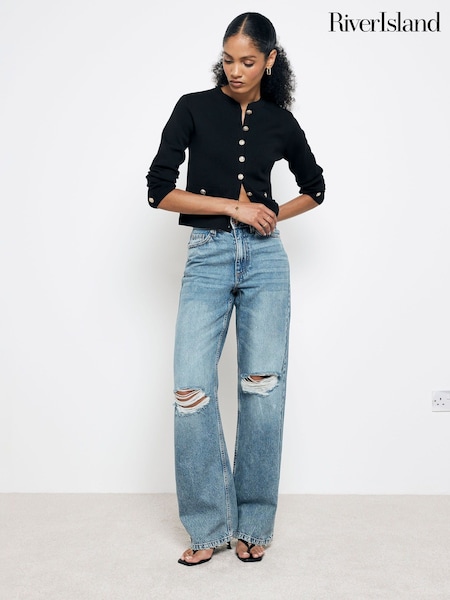Albastru - River Island Talie înaltă Relaxed Straight 100% Blugi de bumbac (E05208) | 229 LEI